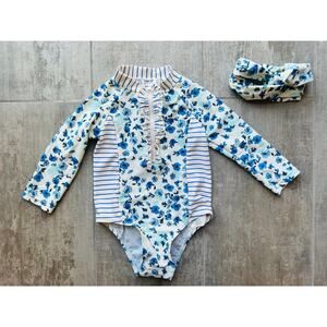 JESSICA SIMPSON Baby Toddler Floral Swimsuit Long Sleeve Rash Guard Boho 12M EUC